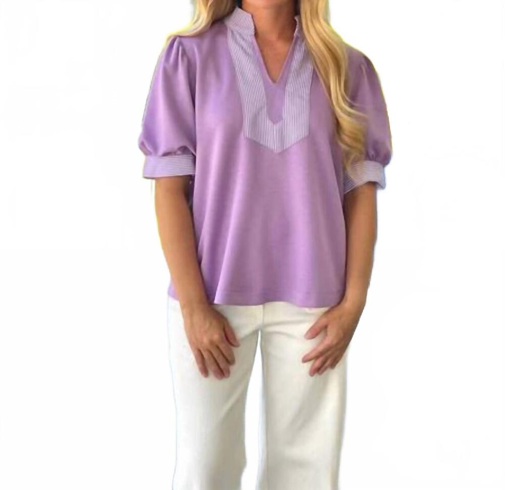 NEW JODIFL short puff sleeves high neck stripe top in lavender